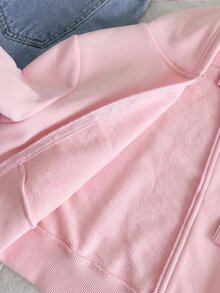 SHEIN 少女寬鬆休閒極簡舒適日常街頭風連帽修身口袋前開襟拉鍊短版長袖運動外套 白色返校穿搭 - 粉色 - 查看 5