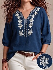 EMERY ROSE Plus Size Women's Floral Print Notch V-Neck 3/4 Sleeve Casual Blouse - Navy Blue - View 1