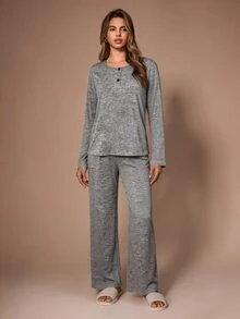 SHEIN Women's Casual Knit Henley Neck Loungewear Pajama Set - Grey - View 3