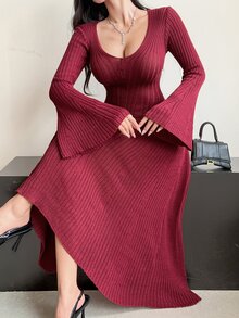 DAZY Women's Autumn/Winter Elegant Solid Color Bell Sleeve Knit Dress - Burgundy - View 7