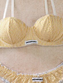 EverLounge 2pcs Striped 3/4 Cup Underwire Molded Cup Push-Up Support Lace Trim Bow Women's Lingerie Set - Yellow - View 4