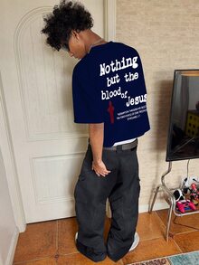 Manfinity Roghcode 男士夏季休閒標語印花T恤 - 藏蓝色 - 查看 4