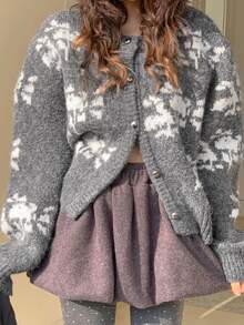 DAZY Women's Colorblock Pattern Jacquard Loose Long Sleeve Crew Neck Casual Vacation Autumn/Winter Knit Cardigan - Grey - View 8