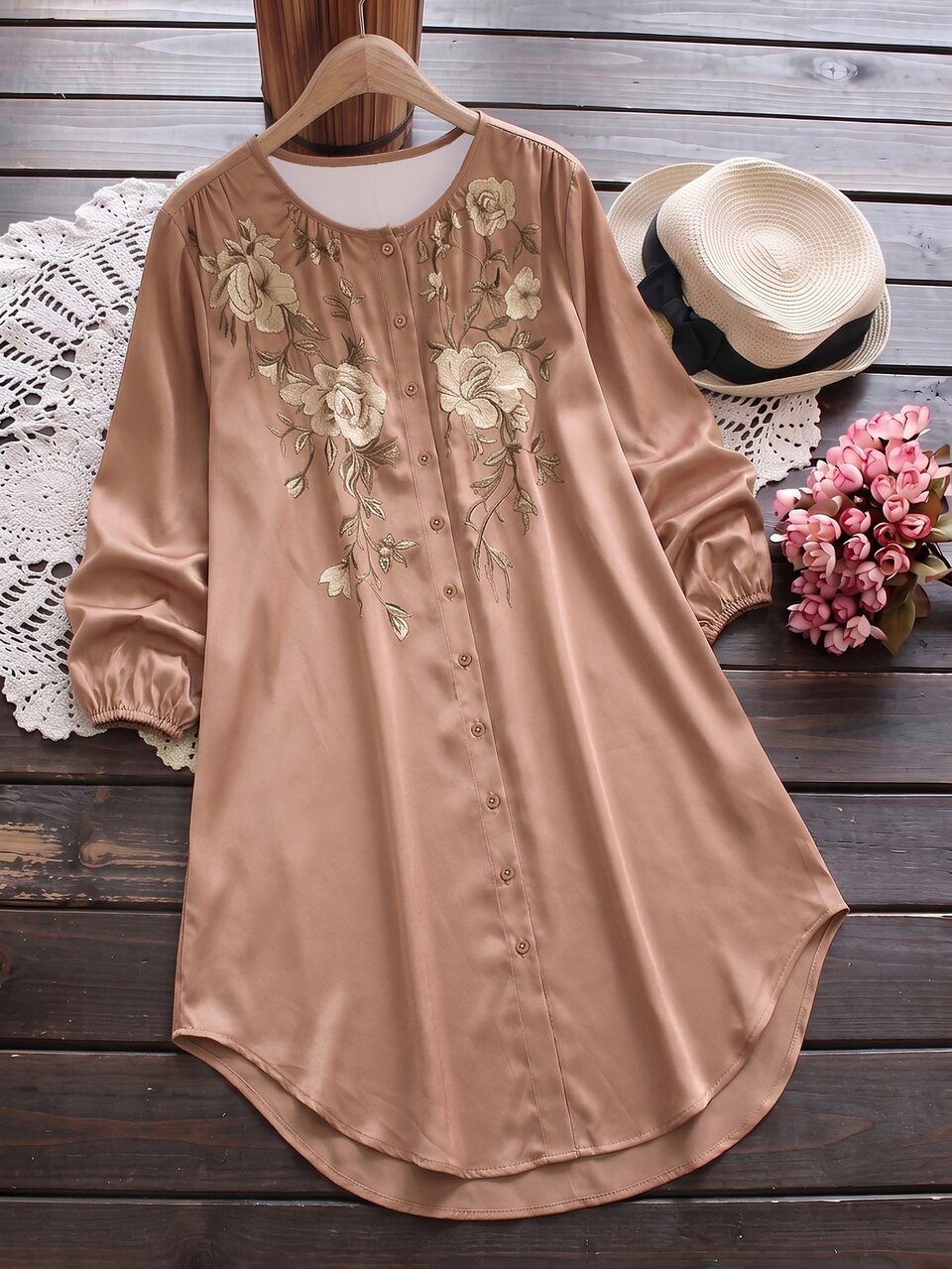 Plus Size Autumn Casual Floral Print Front Button Dress Fall