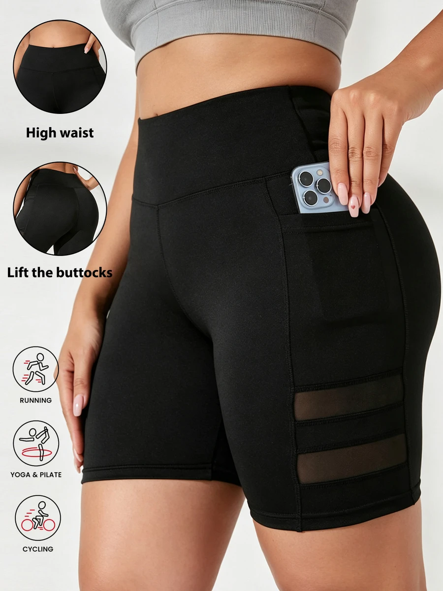 SHEIN Sweetro Women's Plus Size Solid Color Pocket Casual Versatile Daily Travel Sports Shorts - Black - View 1