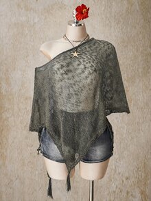 SHEIN ICON 女款大尺碼不對稱下擺流蘇設計寬鬆針織上衣 - 灰色 - 查看 1
