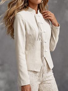 SHEIN Women's Autumn Casual Commute Fashion Stand Collar Regular Shoulder Long Sleeve Frog Button Decor Slim Fit Flattering Apricot Blazer Jacket - Apricot - View 3