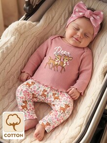 SHEIN 兒童新生兒鹿花紋居家服套裝 - 粉色 - 查看 7