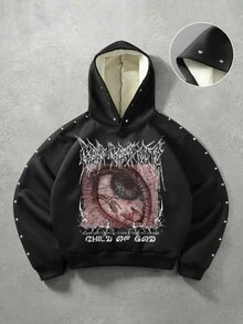 ROMWE MEN Dark Metal Style Rivet Lamb Wool Hooded Sweatshirt, Eyeball Skull Print Child Of God Distressed Thickened American High Street Heavyweight Hoodie - Black - View 1