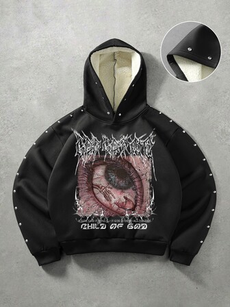 sweat-shirt à capuche en laine d'agneau style métal sombre avec rivets, imprimé crâne oculaire Child Of God, effet usé, épais, style américain high street, sweat-shirt lourd