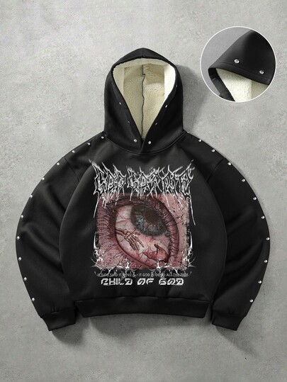 sweat-shirt à capuche en laine d'agneau style métal sombre avec rivets, imprimé crâne oculaire Child Of God, effet usé, épais, style américain high street, sweat-shirt lourd