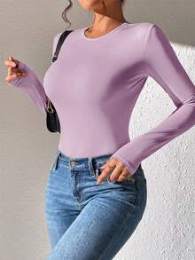 SHEIN PETITE 素色修身春季女款連身衣 - 淡紫色 - 查看 5