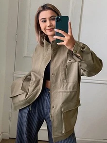 DAZY Women's Solid Color Loose Fit Utility Jacket With Pockets And Zipper, Long Sleeve Casual Streetwear Fall Regular Jacket Everyday Going Out Olive Green - Khaki - View 4