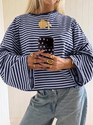 SHEIN EZwear Overseas Long Sleeve Navy Blue & Light Blue Striped Shirt, Autumn Top, Suitable For Daily Commute, Gathering, Autumn/Winter/Spring/Summer, Christmas, New Year, Thanksgiving, Party, Wedding, Beach, Graduation Ceremony, Elegant, Outing, Date, Commute, Valentine's Day, Elegant, Vacation, Y2K, Graduation Ceremony And Other Occasions