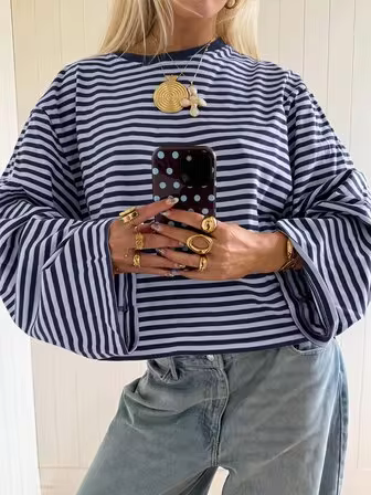 SHEIN EZwear Übersee Langarm Marineblau & Hellblau gestreiftes Hemd, Herbst Top, geeignet für tägliches Pendeln, Treffen, Herbst/Winter/Frühling/Sommer, Weihnachten, Neujahr, Thanksgiving, Party, Hochzeit, Strand, Abschlussfeier, elegant, Ausflug, Date, Pendeln, Valentinstag, elegant, Urlaub, Y2K, Abschlussfeier und andere Anlässe