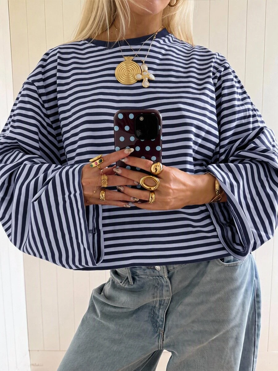 SHEIN EZwear 海外長袖海軍藍與淺藍條紋襯衫，秋季上衣，適合日常通勤、聚會、秋冬春夏、聖誕節、新年、感恩節、派對、婚禮、海灘、畢業典禮、優雅、外出、約會、通勤、情人節、優雅、度假、Y2K、畢業典禮等場合 - 彩色 - 查看 1