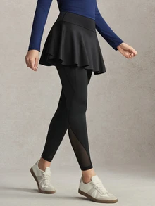 Activina Women's Summer&Spring Elegant Black Athletic 2 In 1 Skirt Leggings With Ruffled Skirt And Sheer Mesh Details Perfect For Workouts - Black - View 2