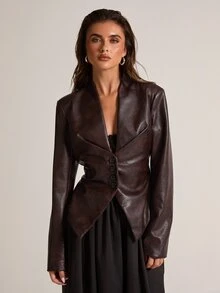 SHEIN BAE بليزر نسائي من جلد البولي يوريثان بأكمام طويلة وتصميم أحادي الصدر عصري - بني - مشاهدة 5