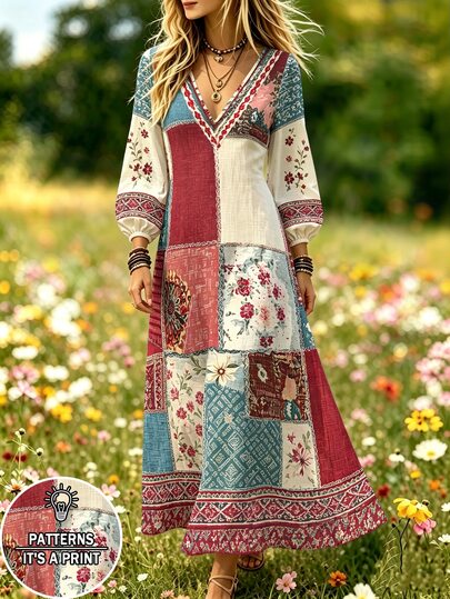 Selamara Bohemian Pastoral Style Faux Patchwork Floral Print Maxi Dress, Women's Fashion V-Neck Long Sleeve Dress, Countryside Seaside Vacation Casual Long Sleeve Dress