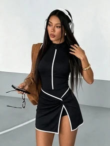 Dewbera Dewbera Women's Sleeveless Solid Color Collared Fashion Minimalist Slimming Sports Dress - Black - View 1