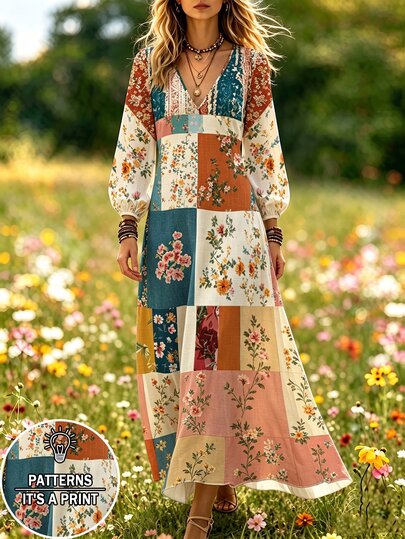 Selamara Bohemian Pastoral V-Neck Faux Patchwork Floral Print Dress, Long Sleeve Casual Vacation Dress