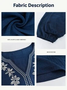 EMERY ROSE Plus Size Women's Floral Print Notch V-Neck 3/4 Sleeve Casual Blouse - Navy Blue - View 4