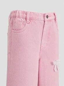 SHEIN Elladie kids Denimly 春夏大童女孩牛仔褲，淺粉色寬腿軟心刺繡鬆緊腰，搭配簡約白色T恤上衣，適合上學、生日，可愛風格 - 粉色 - 查看 5