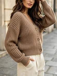 Balvessa Autumn/Winter Casual Versatile Solid Color Cardigan - Camel - View 3