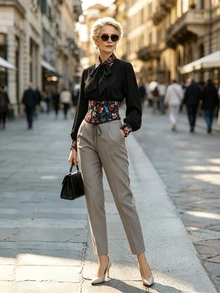 Balvessa Women's Tie-Neck Floral Print Casual Versatile Daily Wear Blouse - Black - View 6