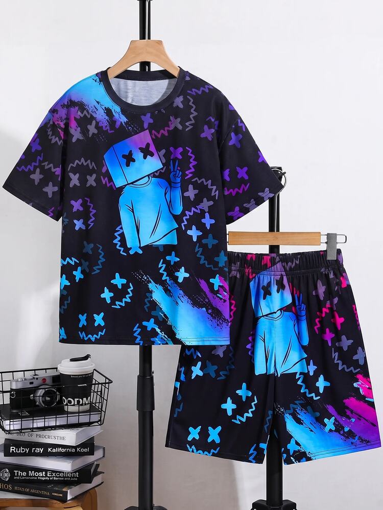 SHEIN Young Boy All-Over Print Kids Short Sleeve T-Shirt And Shorts Casual Daily Outfit Set - Multicolor - View 6
