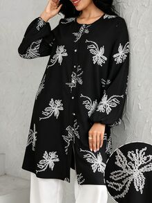 Graceveil 優雅女款寬鬆休閒長袖圓領刺繡襯衫，度假風 - 黑色 - 查看 4