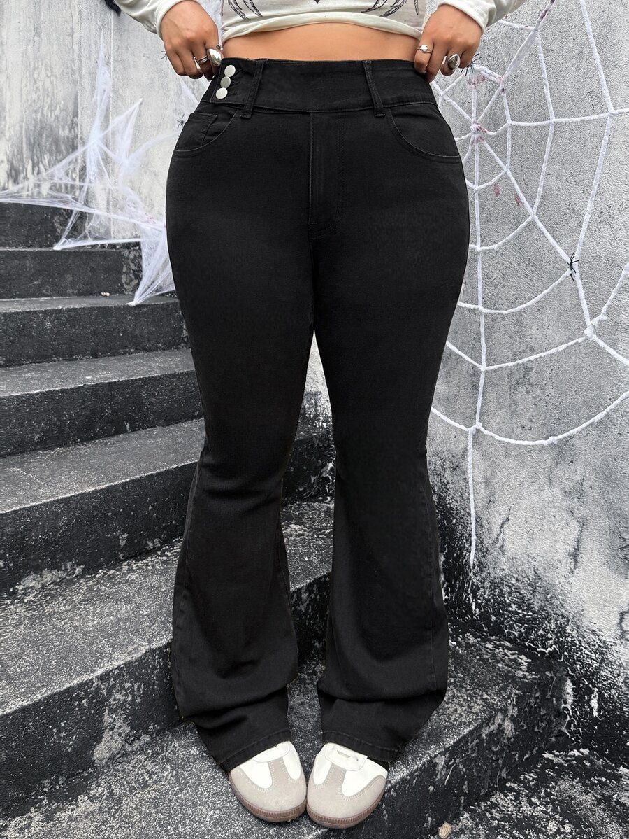 Slaydiva Plus Size Women's Casual Daily Wear Denim Flare Jeans - Black - View 1