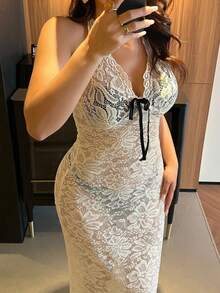 Dazy Plus Halter Neck Contrast Color Bow Decor Slim Fit Lace Sheer Sexy Nightgown - Apricot - View 1
