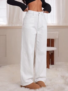 SHEIN PETITE Women's Winter Thermal Lined Button Pocket Jeans Fall Clothes - White - View 6