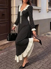 SHEIN Women's French Polka Dot Print Tie Strap Dress - Black - View 5