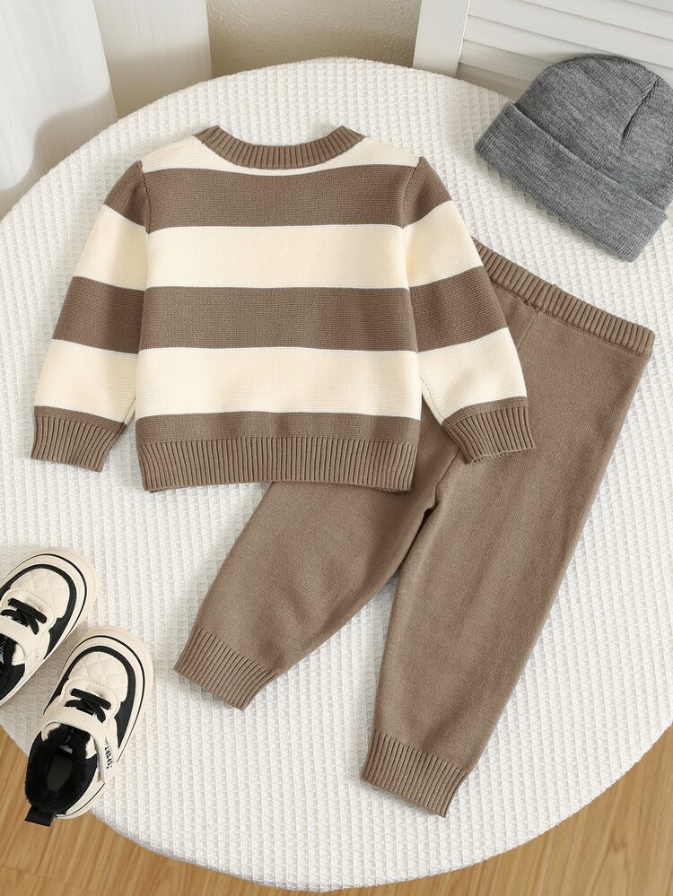 SHEIN 2pcs/Set Baby Boy Baby Girl Bear Striped Sweater Blue Sweater Autumn Pants, Cute Sweater, Unisex Baby Clothes, Baby Winter Clothes - Khaki - View 2