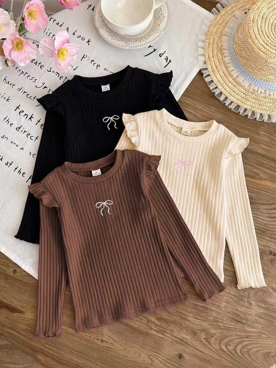 Genkimix Kids 3pcs/Set Girls Autumn/Winter Cap Sleeve Knit Base Layer, Versatile Round Neck Embroidered Bow Long Sleeve T-Shirt - Multicolor - View 1