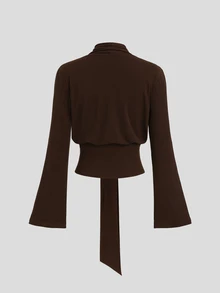 Sweetra Y2K Elegant Versatile Tie-Front Ruched Waist Top - Coffee Brown - View 2