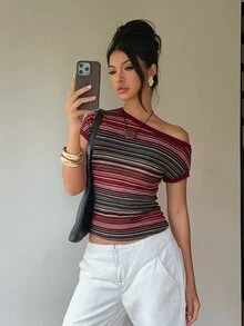 Aloruh Women's Summer Casual Striped Asymmetric Collar T-Shirt - Multicolor - View 3