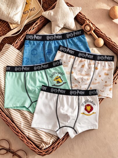 PrepCrw HARRY POTTER X SHEIN 4 Pcs Kids Tween Boys Casual Exquisite Comfortable Fitted Fun Pattern Printed Knit Multi-Color Boxer Briefs, Suitable For Innerwear And All Seasons