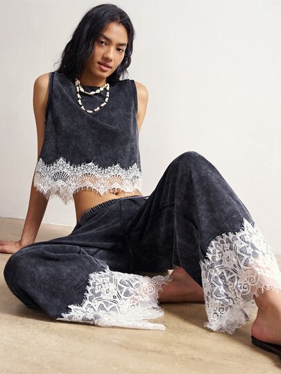 Bohemela Women's Colorblock Lace Patchwork Tank Top & Long Pants 2 Pieces Set