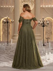 Glamrae Plus Size Elegant Romantic Green Off Shoulder Lace Patchwork Mesh Ruched Applique Puff Skirt Extra Large A-Line Suitable For Evening Party Date Ball Vacation Wedding Event Heavy Work Evening Gown Dress - Green - View 5