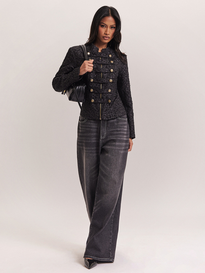 SHEIN BAE Blazer de manga larga con cremallera y doble botonadura de jacquard vintage para mujer