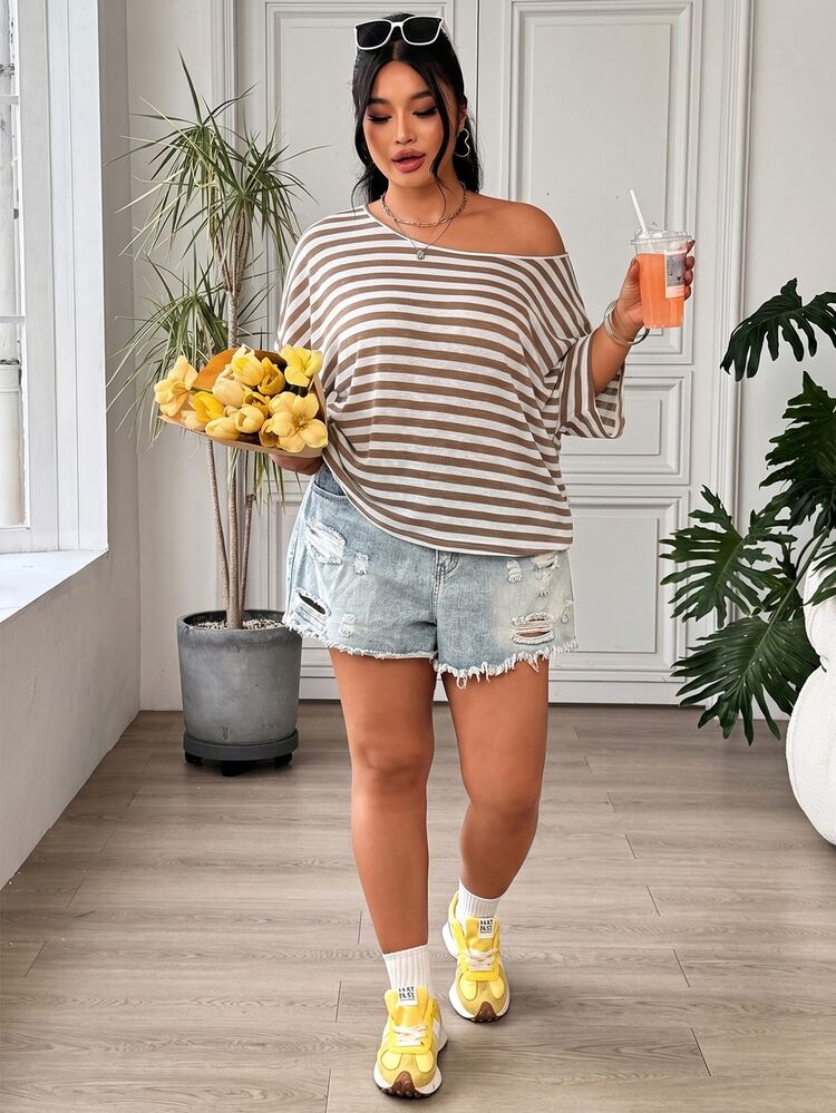Muchica Plus Size Women's Asymmetrical Shoulder Striped Casual Daily Short Sleeve T-Shirt - Brown - View 6