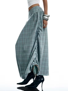 LYSMO Women's Fashion Plaid Drawstring Pleated Midi Skirt - Grey - View 8
