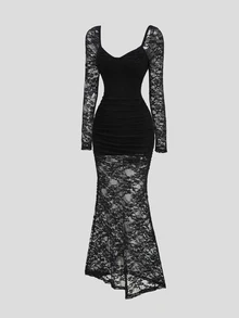 Sweetra Y2K Sexy Lace Elegant Party Commute Long Dress - Black - View 1