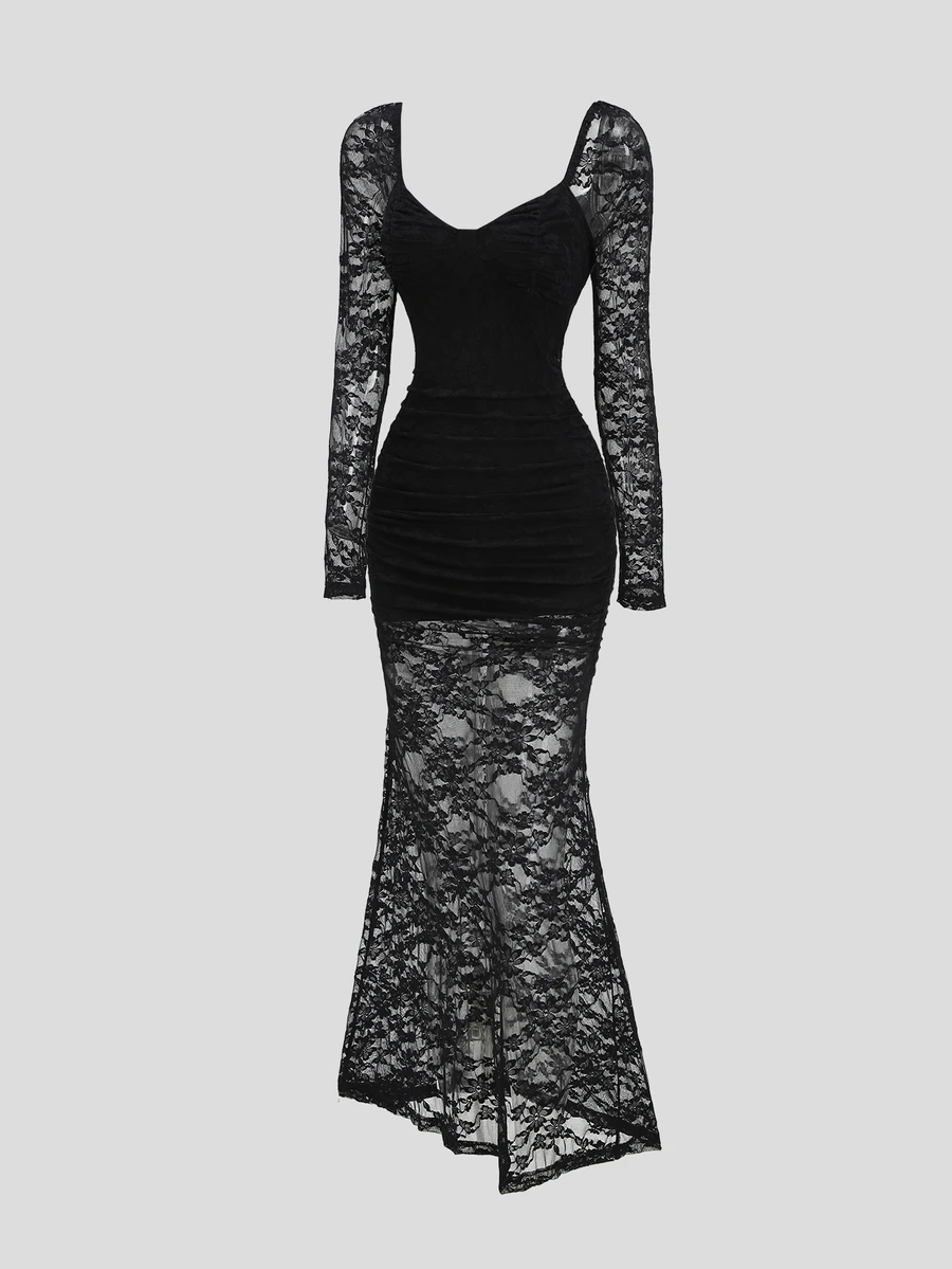 Sweetra Y2K Sexy Lace Elegant Party Commute Long Dress - Black - View 1