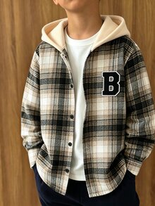 1件男童格紋連帽長袖休閒夾克，柔軟舒適面料，時尚舒適，適合日常穿著、休閒通勤、戶外與運動活動，秋冬款 - 彩色 - 查看 3
