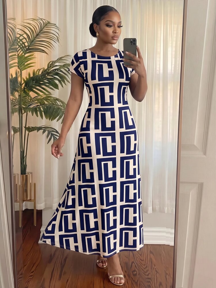 SHEIN Lady Plus Size Summer Fashion All-Over Print Dress Tea Party Formal Cocktail Allover White Elegant Casual Traditional - Multicolor - View 6