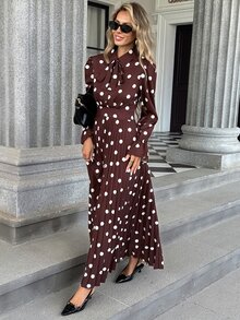 Pariaura Brown Polka Dot 4-Way Stretch Printed Neckline Ribbon Hem Pleated Waist Women's Long Dress - Brown - View 4